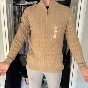 Men's Beige Cable Knit Zip-Up Sweater